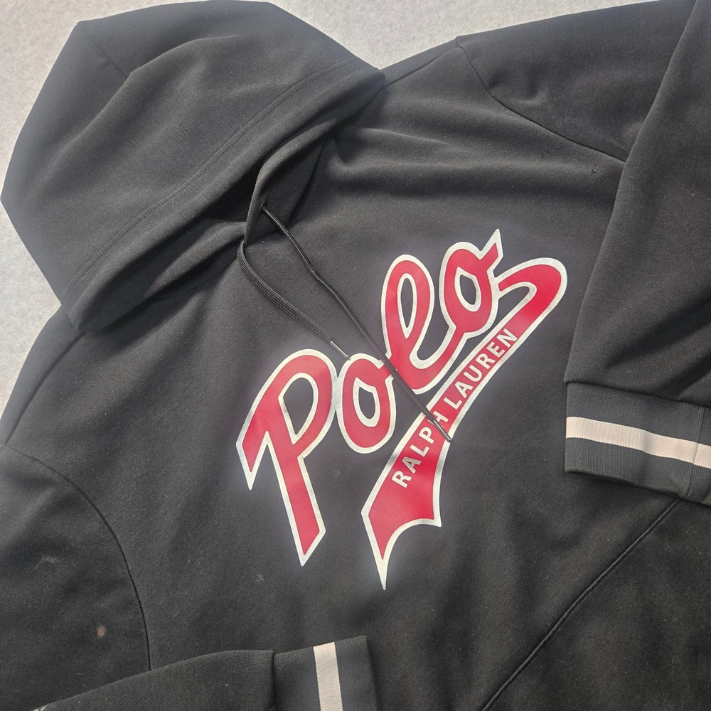 Polo Ralph Lauren Mens Black Script Logo Hoodie Sweatshirt Striped Trim XL